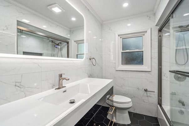 Bathroom, Glass Shower, Interior, Marble Walls, Recessed Lighting