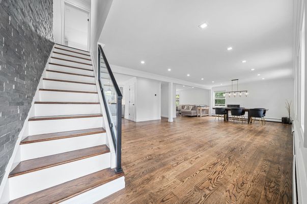 Dining room, Interior, Pendant Lights, Recessed Lighting, Wood Texture Flooring