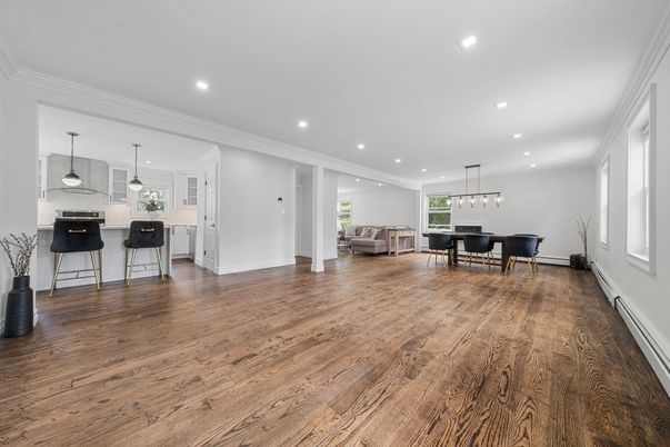 Dining room, Interior, Kitchen, Pendant Lights, Recessed Lighting, Wood Texture Flooring