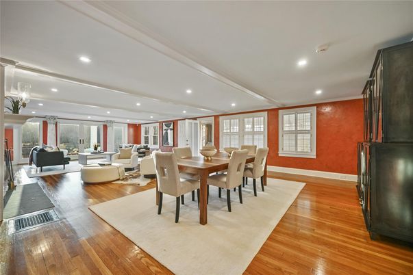 Dining room, Interior, Living room, Recessed Lighting, Wood Texture Flooring