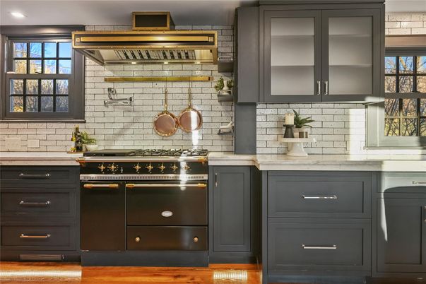 Interior, Kitchen, Stainless Steel Appliances, Stone Walls, Wood Texture Flooring