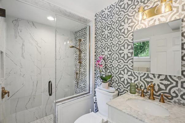 Bathroom, Glass Shower, Interior, Marble Walls, Recessed Lighting