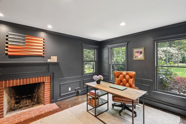 Fireplace, Home Office, Interior, Recessed Lighting, Wood Texture Flooring
