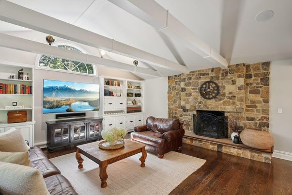 Fireplace, Interior, Living room, Stone Walls, Wood Texture Flooring
