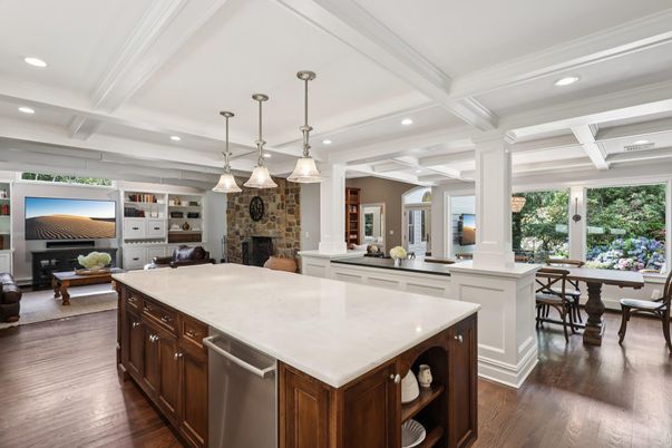 Dining room, Fireplace, Interior, Kitchen, Pendant Lights, Recessed Lighting, Stone Walls, Wood Texture Flooring