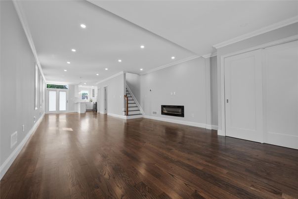 Empty room, Fireplace, Interior, Recessed Lighting, Wood Texture Flooring