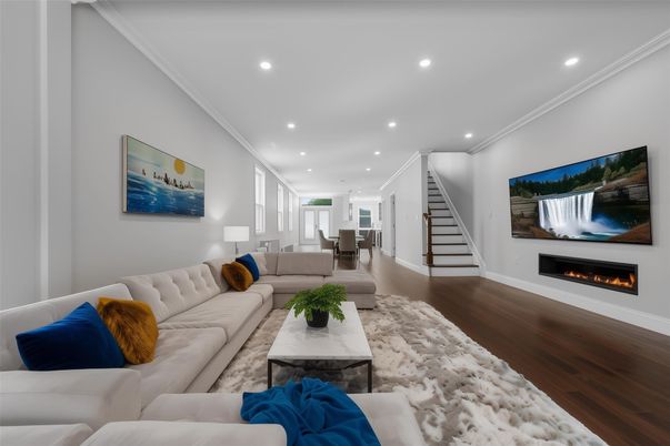 Dining room, Fireplace, Interior, Living room, Recessed Lighting, Wood Texture Flooring