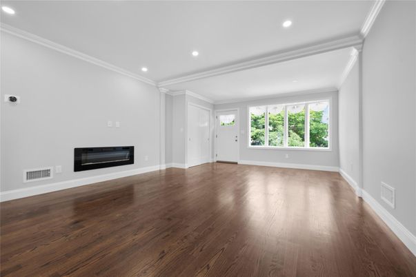 Empty room, Fireplace, Interior, Recessed Lighting, Wood Texture Flooring