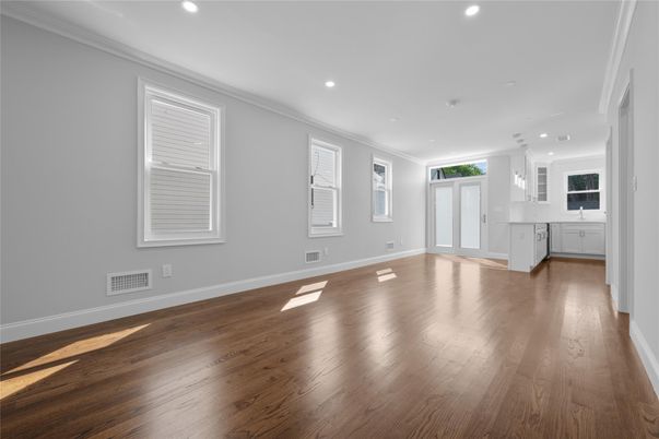 Empty room, Interior, Kitchen, Recessed Lighting, Wood Texture Flooring
