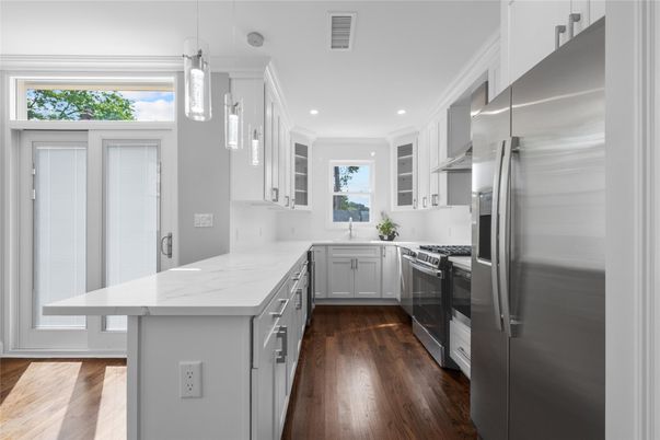 Interior, Kitchen, Pendant Lights, Recessed Lighting, Stainless Steel Appliances, Wood Texture Flooring