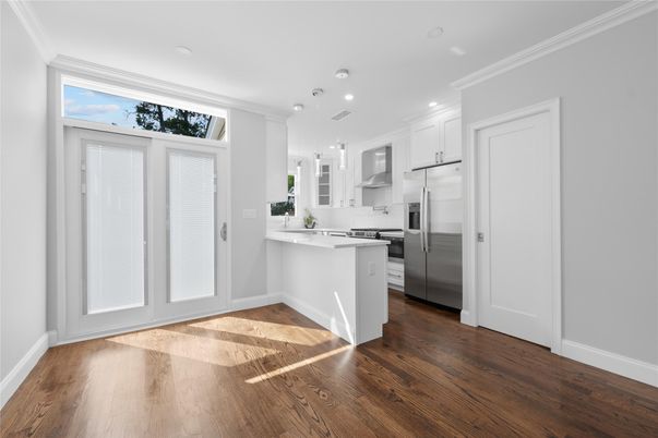 Interior, Kitchen, Pendant Lights, Recessed Lighting, Stainless Steel Appliances, Wood Texture Flooring