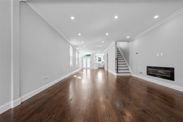 Empty room, Fireplace, Interior, Recessed Lighting, Wood Texture Flooring