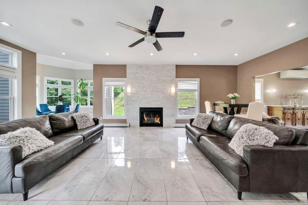 Dining room, Fireplace, Interior, Living room, Recessed Lighting, Stone Walls