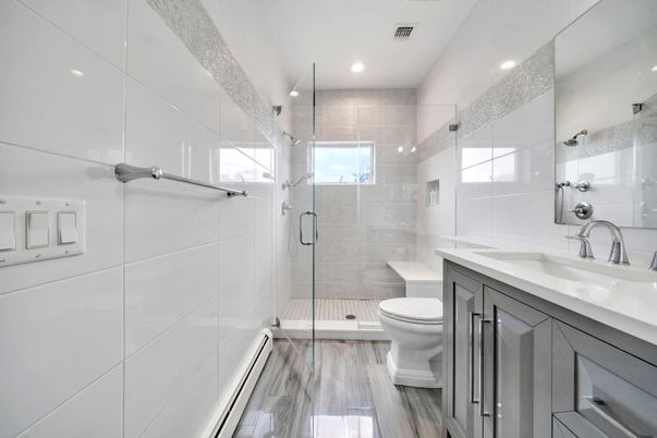 Bathroom, Glass Shower, Interior, Recessed Lighting, Wood Texture Flooring