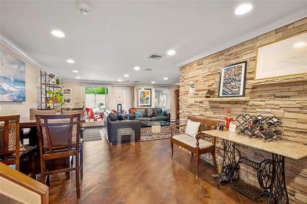 Dining room, Interior, Living room, Recessed Lighting, Stone Walls, Wood Texture Flooring, Wooden Walls