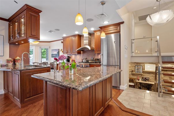 Interior, Kitchen, Pendant Lights, Recessed Lighting, Stainless Steel Appliances, Wood Texture Flooring