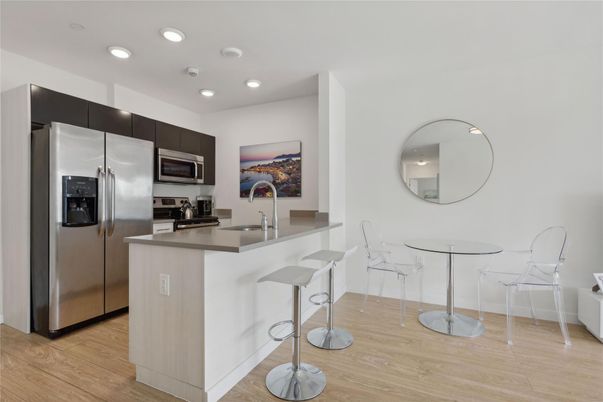 Interior, Kitchen, Recessed Lighting, Stainless Steel Appliances, Wood Texture Flooring