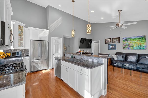 Interior, Kitchen, Pendant Lights, Recessed Lighting, Stainless Steel Appliances, Wood Texture Flooring