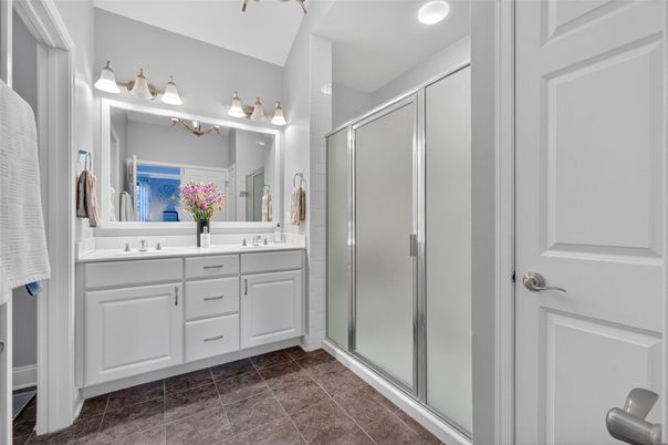 Bathroom, Dual Sink Vanities, Glass Shower, Interior, Recessed Lighting