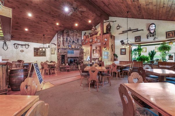 Dining room, Fireplace, Interior, Pendant Lights, Recessed Lighting, Stone Walls, Wooden Ceilings