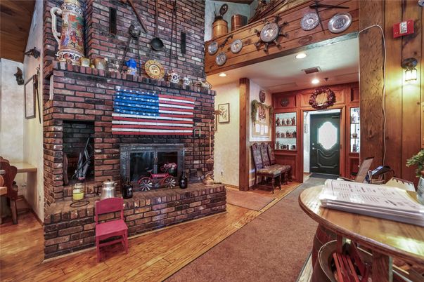 Fireplace, Interior, Recessed Lighting, Stone Walls, Wood Texture Flooring