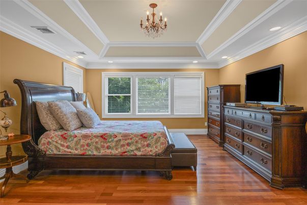 Bedroom, Chandelier, Interior, Recessed Lighting, Wood Texture Flooring