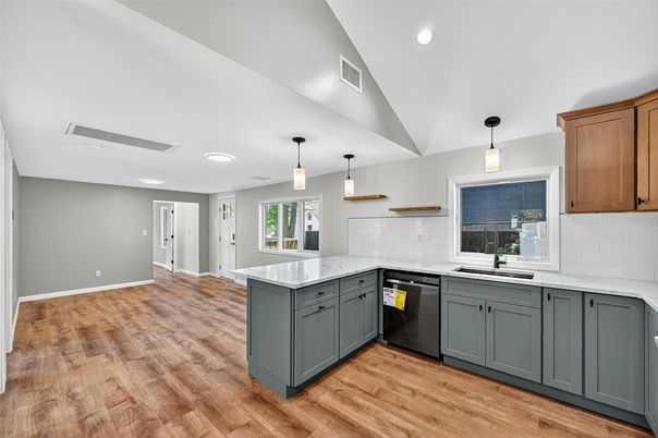 Interior, Kitchen, Pendant Lights, Recessed Lighting, Wood Texture Flooring