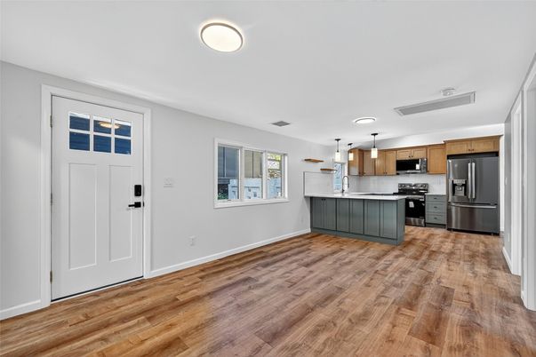 Interior, Kitchen, Pendant Lights, Stainless Steel Appliances, Wood Texture Flooring