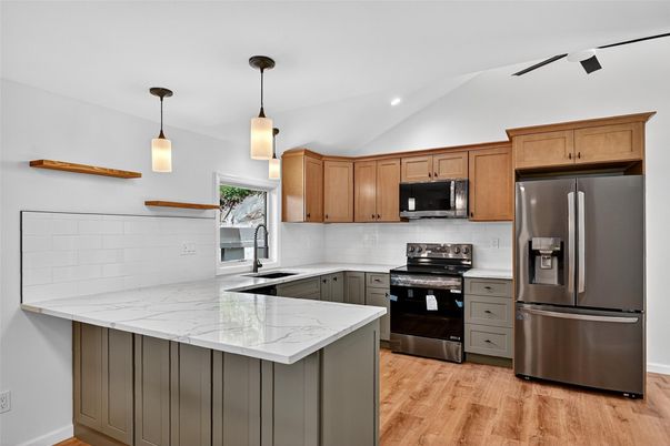 Interior, Kitchen, Pendant Lights, Recessed Lighting, Stainless Steel Appliances, Wood Texture Flooring