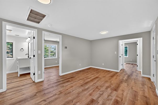 Bathroom, Empty room, Interior, Recessed Lighting, Wood Texture Flooring