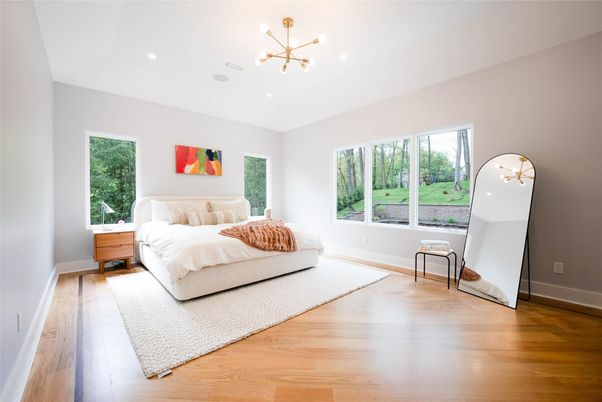 Bedroom, Interior, Pendant Lights, Recessed Lighting, Wood Texture Flooring