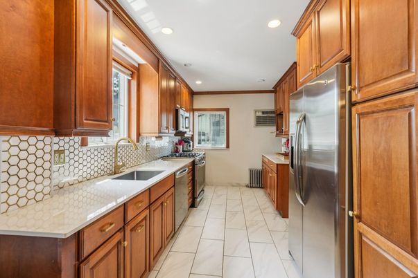 Interior, Kitchen, Marble, Recessed Lighting, Stainless Steel Appliances