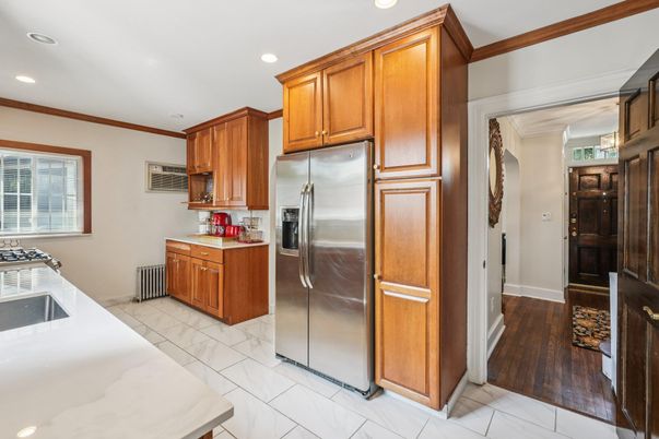 Interior, Kitchen, Marble, Recessed Lighting, Stainless Steel Appliances, Wood Texture Flooring
