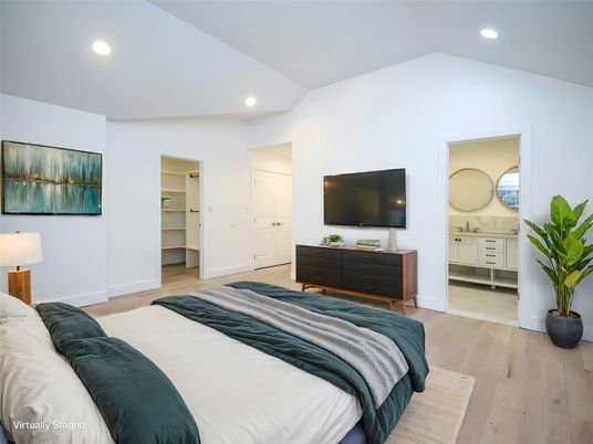 Bedroom, Interior, Recessed Lighting, Wood Texture Flooring