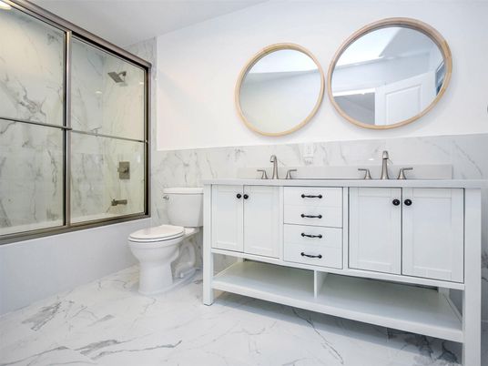 Bathroom, Dual Sink Vanities, Glass Shower, Interior, Marble, Marble Walls