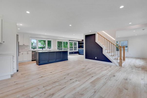 Empty room, Interior, Kitchen, Recessed Lighting, Wood Texture Flooring