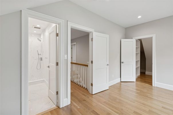 Bathroom, Interior, Marble, Marble Walls, Recessed Lighting, Wood Texture Flooring