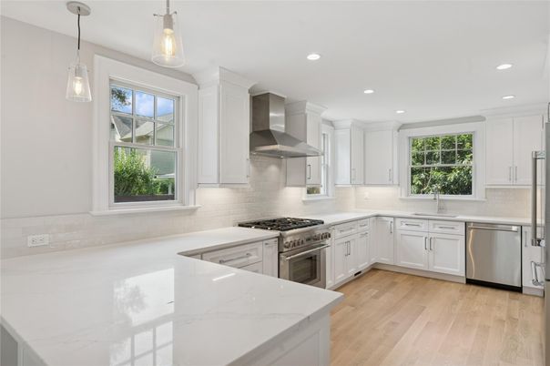Interior, Kitchen, Pendant Lights, Recessed Lighting, Stainless Steel Appliances, Wood Texture Flooring