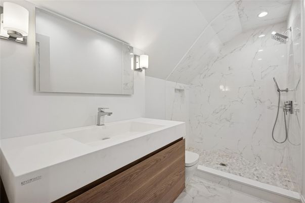 Bathroom, Glass Shower, Interior, Marble, Marble Walls, Recessed Lighting