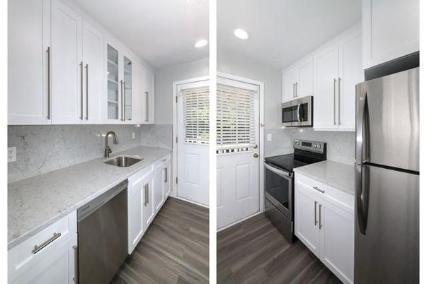 Interior, Kitchen, Recessed Lighting, Stainless Steel Appliances, Wood Texture Flooring