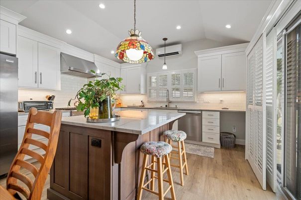 Interior, Kitchen, Pendant Lights, Recessed Lighting, Stainless Steel Appliances, Wood Texture Flooring
