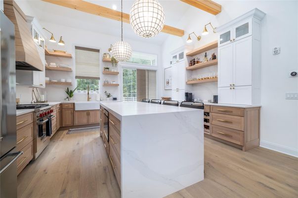 Interior, Kitchen, Pendant Lights, Stainless Steel Appliances, Wooden Beams, Wood Texture Flooring
