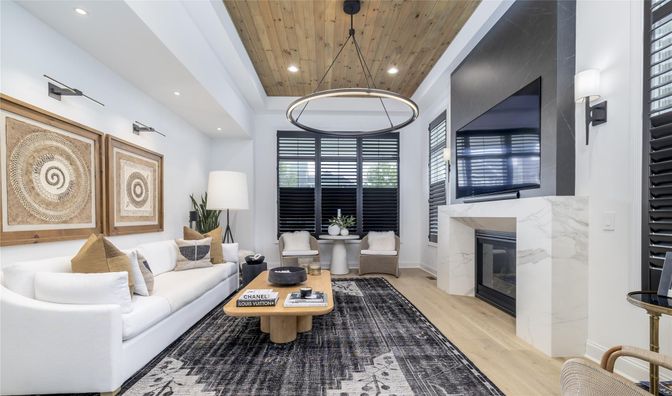 Fireplace, Interior, Living room, Pendant Lights, Recessed Lighting, Wooden Ceilings, Wood Texture Flooring