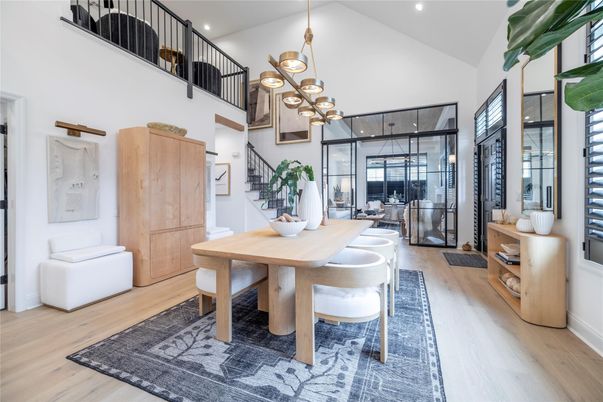 Dining room, Interior, Pendant Lights, Recessed Lighting, Wood Texture Flooring