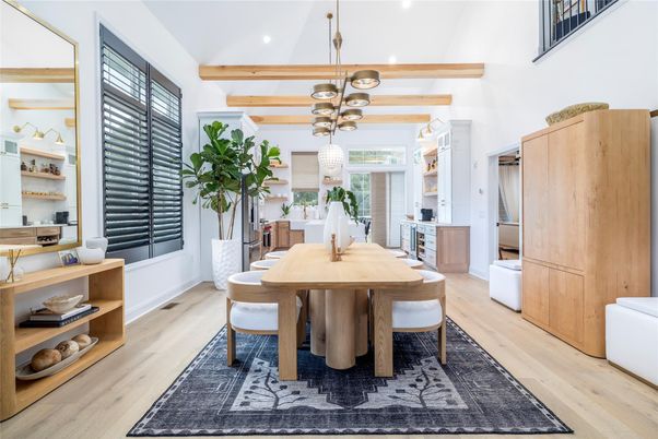 Dining room, Interior, Pendant Lights, Recessed Lighting, Wooden Beams, Wood Texture Flooring