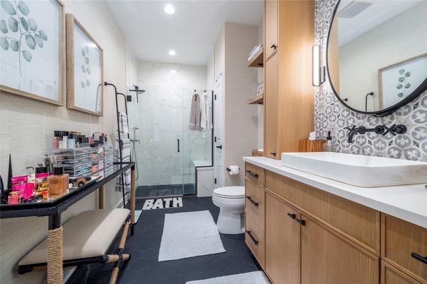 Bathroom, Glass Shower, Interior, Marble Walls, Recessed Lighting