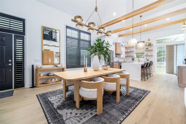 Dining room, Interior, Kitchen, Pendant Lights, Recessed Lighting, Wooden Beams, Wood Texture Flooring
