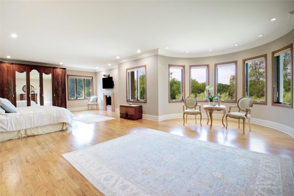 Bedroom, Fireplace, Interior, Recessed Lighting, Wood Texture Flooring