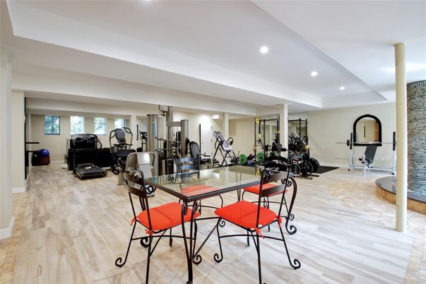 Fitness Equipment, Gym, Interior, Recessed Lighting, Wood Texture Flooring