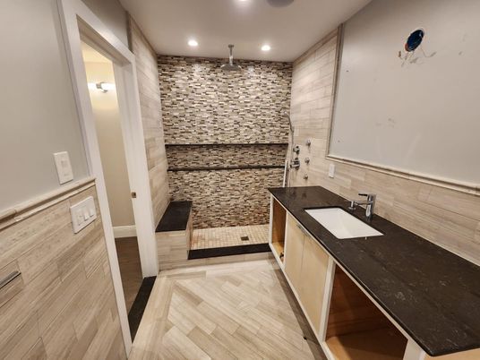 Bathroom, Dual Sink Vanities, Interior, Recessed Lighting, Wood Texture Flooring